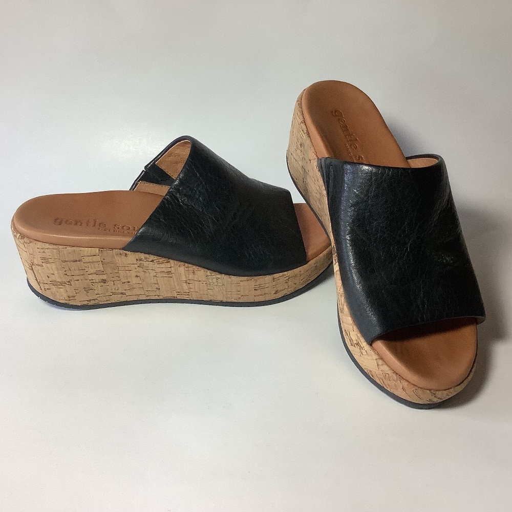 Gentle Souls Megan black leather slide platform cork